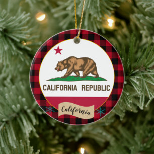 California, Red buffalo plaid & California Flag Ceramic Tree Decoration