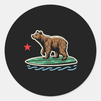 California Republic Beach Bear Surfboard Surfing S Classic Round Sticker