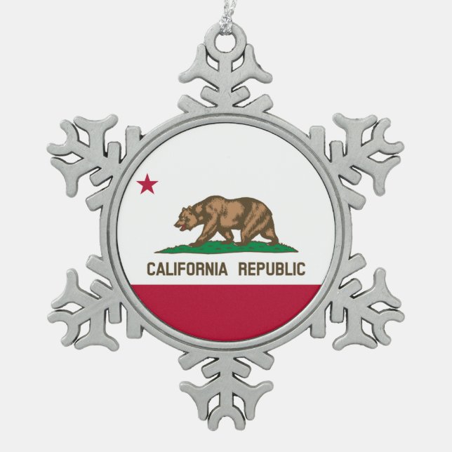California Republic Bear Flag: Cali Golden State Snowflake Pewter Christmas Ornament (Front)