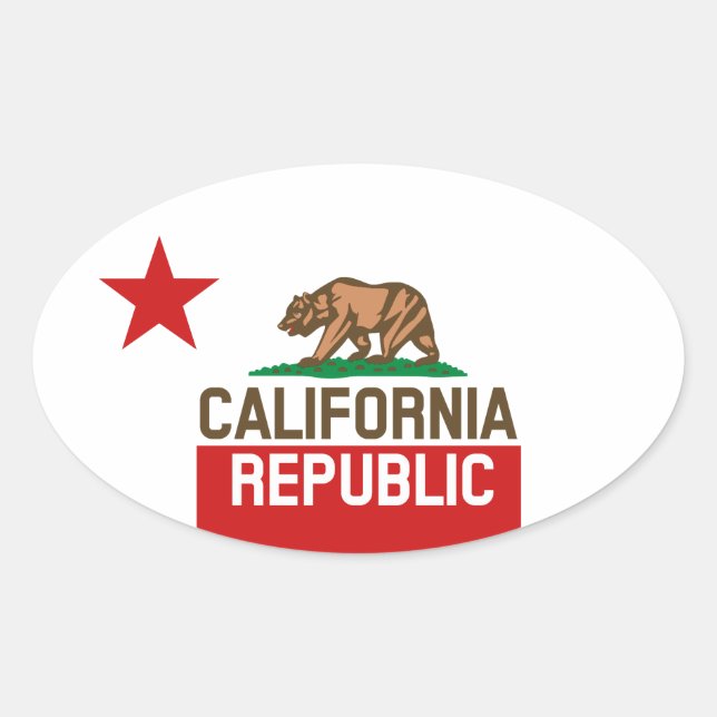 CALIFORNIA REPUBLIC State Flag Large Star Design Oval Sticker (Front)