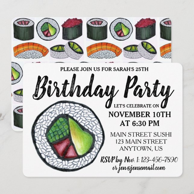 California Roll Japanese Food Sushi Birthday Party Invitation (Front/Back)