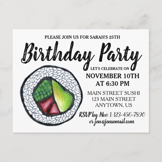 California Roll Japanese Food Sushi Birthday Party Invitation Postcard (Front)
