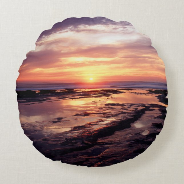 California, San Diego, Sunset Cliffs, Sunset 3 Round Cushion (Front)