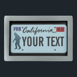 California Sasquatch License Plate Rectangular Belt Buckle<br><div class="desc">The dark silhouette of Sasquatch (Bigfoot) on a blank California license plate. Add your own text. License plates for additional states and other entities (Canadian provinces, foreign countries) upon request. Some people date modern interest to 1958 when large footprints were found in Del Norte County, California by a bulldozer operator...</div>