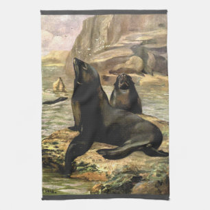 California Sea Lions by CE Swan, Vintage Animals Tea Towel
