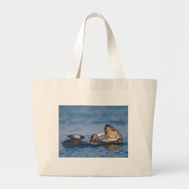 California Sea Otter Snacking on Clam Large Tote Bag (Front)
