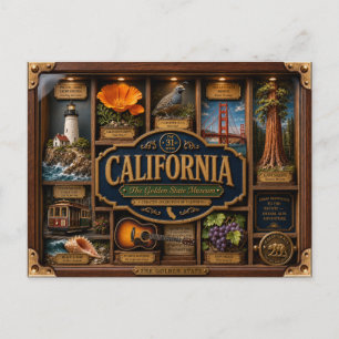 California Shadow Box 3D Figurine State Postcard