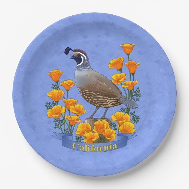 California State Bird Quail & Golden Poppy Paper Plate (Front)