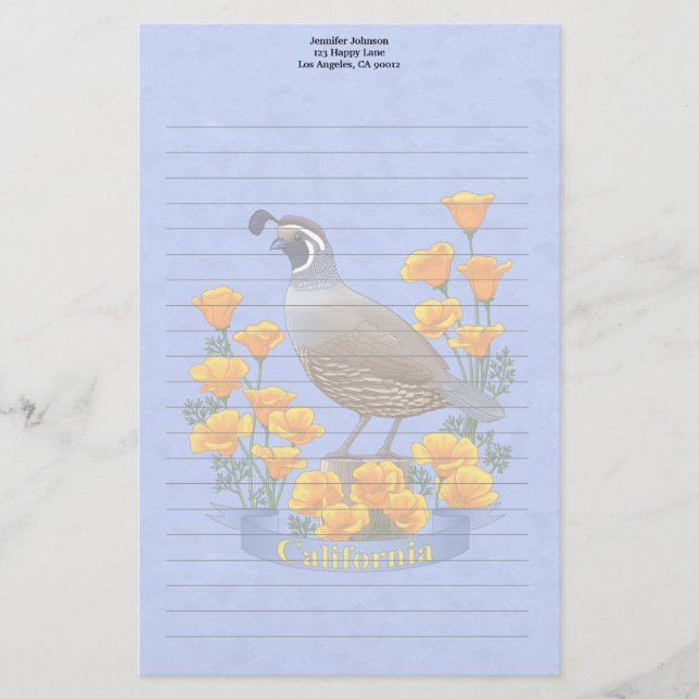 California State Bird Quail & Golden Poppy Stationery (Front)
