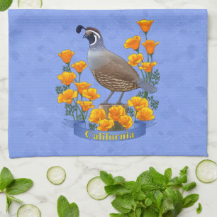 California State Bird Quail & Golden Poppy Tea Towel