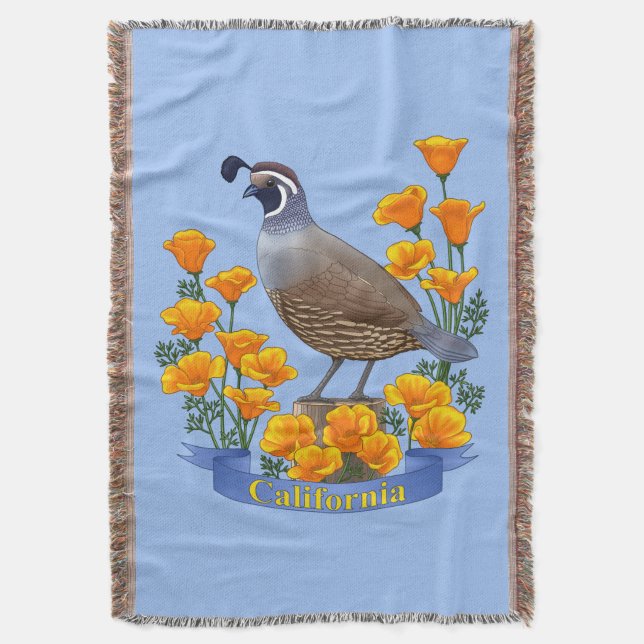 California State Bird Quail & Golden Poppy Throw Blanket (Front Vertical)