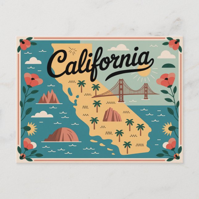 California state illustrated map postcard (Front)