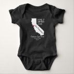 California State Love Home Sweet Home Custom Map Baby Bodysuit<br><div class="desc">Show your California and hometown love with this fun custom romper. A rustic chic design features a CA state map silhouette, "Home Sweet Home" typography, a red heart showing where you live, all set against a faux burlap/linen tan background. Customise the text with your family names, monogram, city location, year,...</div>
