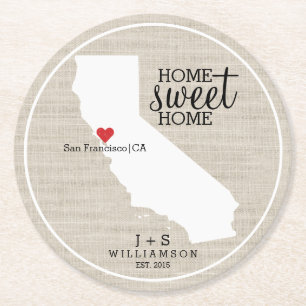 California State Love Home Sweet Home Custom Map Round Paper Coaster
