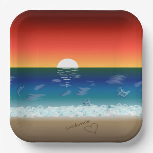 California Sunset   Beach Sand Heart Paper Plate
