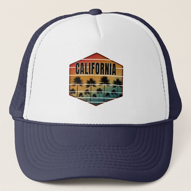 california sunset palm trees summer trucker hat (Front)