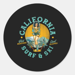 California Surf And Ski Hot Beaches, Cool Slopes.  Classic Round Sticker
