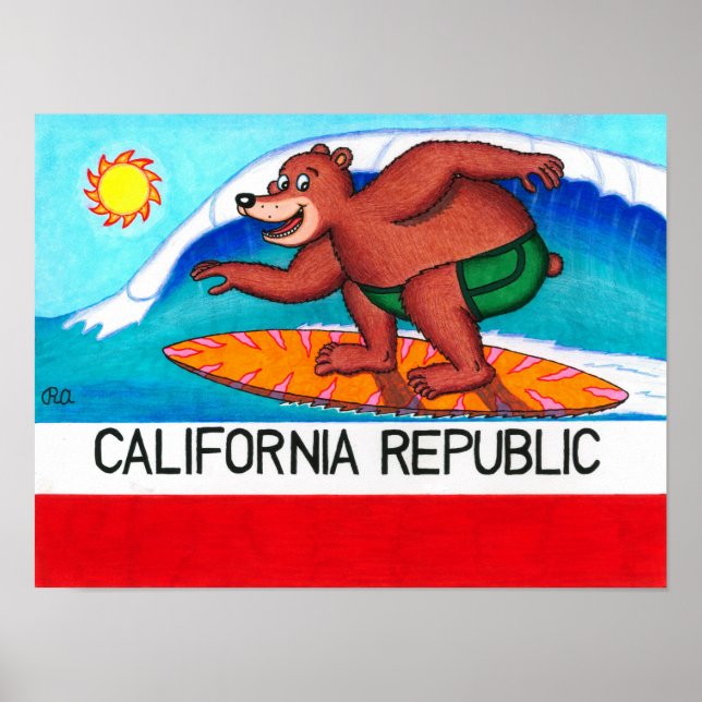 California Surfing Bear Flag Poster (Front)