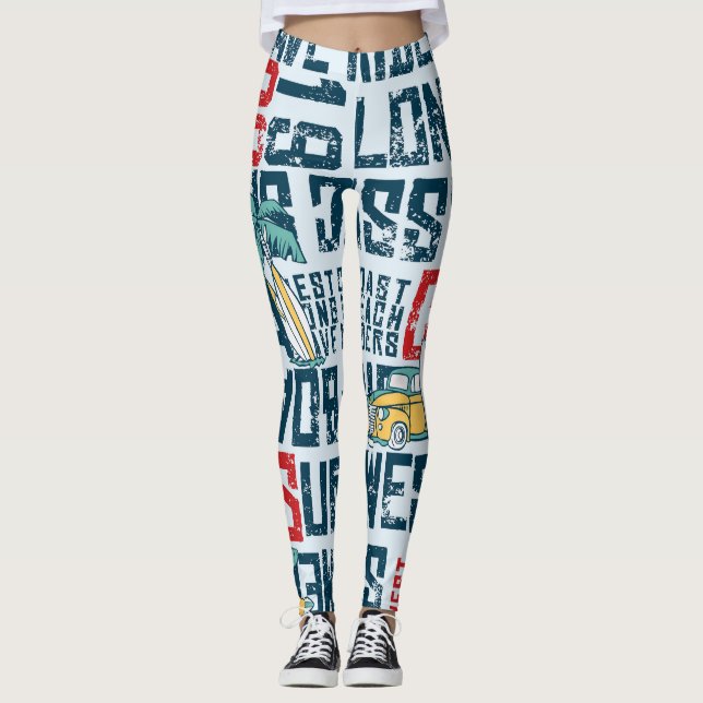 California Surfing Team: Grunge Seamless Pattern. Leggings (Front)