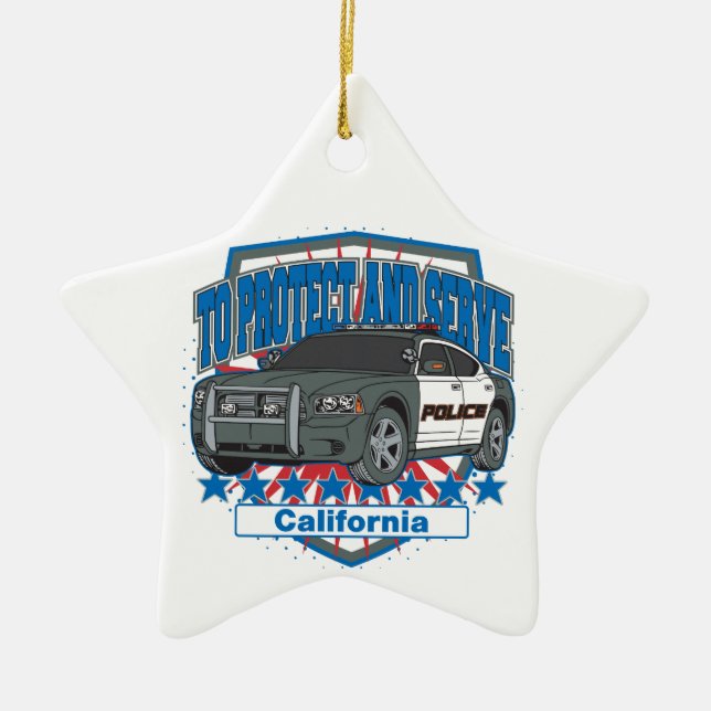 California To Protect and Serve Police Car Ceramic Tree Decoration (Front)