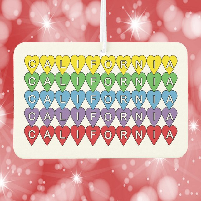 California US State Heart Pattern Car Air Freshener (An air freshener with the word California in yellow, green, blue, purple and red hearts)
