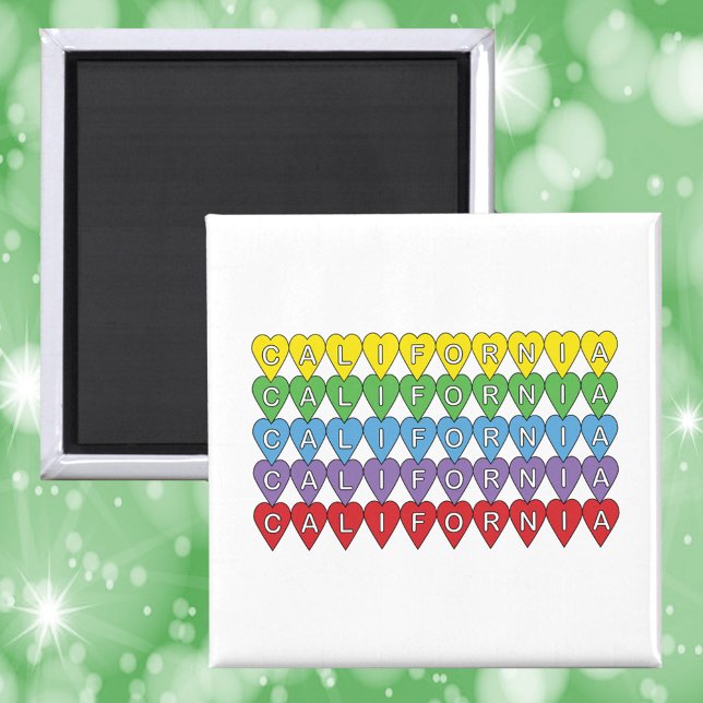 California US State Hearts Colourful Magnet (A magnet with the word California in yellow, green, blue, purple and red hearts)