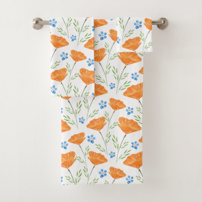 California Watercolor Poppy Pattern    Bath Towel Set (Insitu)