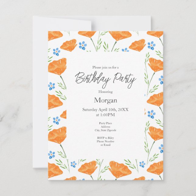 California Watercolor Poppy Pattern    Invitation (Front)