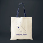 California Wedding Welcome Bag Tote, Navy Blue Map<br><div class="desc">Wedding welcome gift bag featuring map graphic. Your guests will love checking into their hotel and finding this tote filled with treats awaiting them. You may position the heart to the location of your big day using the "customise further" feature.</div>
