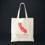 California Wedding Welcome Tote Bag<br><div class="desc">Welcome out of town wedding guests with a bag full of snacks and treats personalised with the state where you're getting married and the bride and groom's names and wedding date. Click Customise It to move the heart to show any city or location on the state map. Use the design...</div>