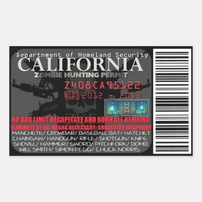 California Zombie Hunting Permit Rectangular Sticker (Front)