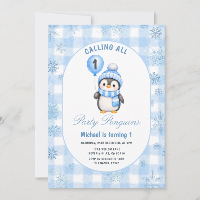 Call All Party Penguin Birthday Winter Gingham Invitation (Front)