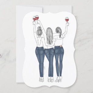 Call Drawing Three Girls With Wine Invitation