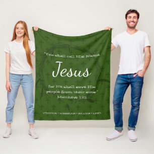 CALL HIS NAME JESUS   Green Christmas Scripture Fleece Blanket