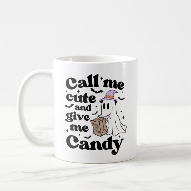 Call Me Cute and Give Me Candy Funny Halloween Mug (Left)