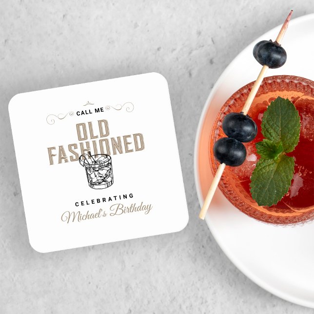 Call Me Old Fashioned Retro White Whiskey Birthday Square Paper Coaster (Creator Uploaded)
