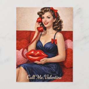 Call Me, Valentine Vintage Pin-Up Retro Valentine Holiday Postcard