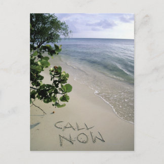 'Call Now' sand written on the beach, Jamaica Postcard