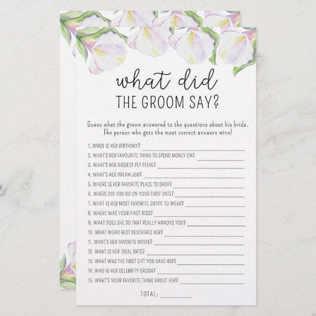 Calla flowers - What did the groom say bridal game (Front/Back)