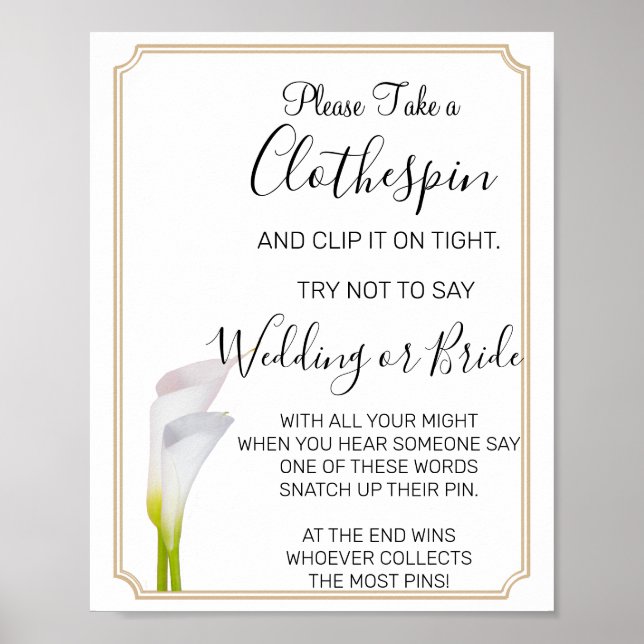 Calla Lilies Clothespin bridal shower game sign (Front)