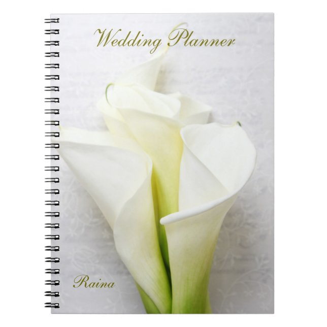 Calla lilies on floral textured script wedding spiral notebook (Front)