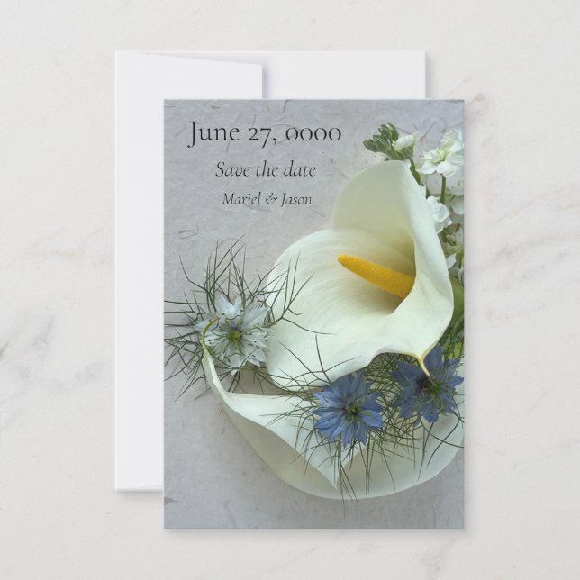 Calla lilies with blue nigella   save the date (Front)