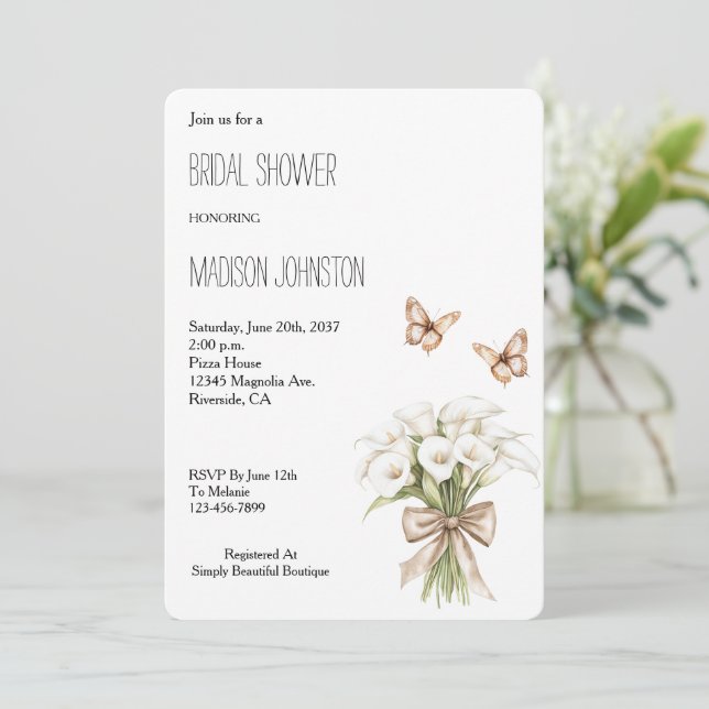 Calla Lilly Floral Butterflies Bridal Shower Invitation (Standing Front)