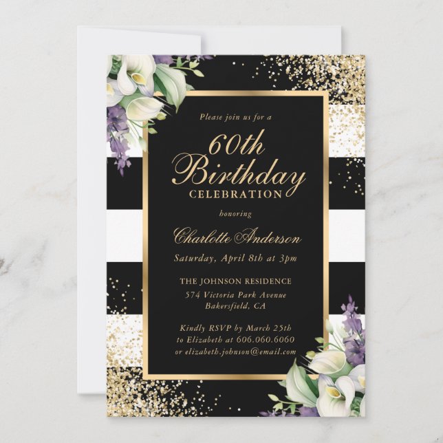 Calla Lily Black Gold Confetti 60th Birthday Invitation (Front)