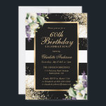 Calla Lily Black Gold Confetti 60th Birthday Invitation<br><div class="desc">Elegant black and white striped floral 60th birthday invitation featuring a gold frame decorated by gold confetti,  calla lilies and greenery.</div>