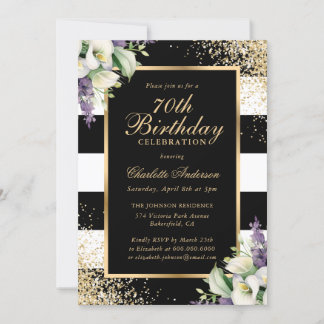 Calla Lily Black Gold Confetti 70th Birthday Invitation