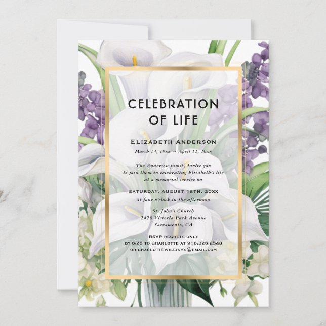 Calla Lily Celebration of Life Invitation (Front)