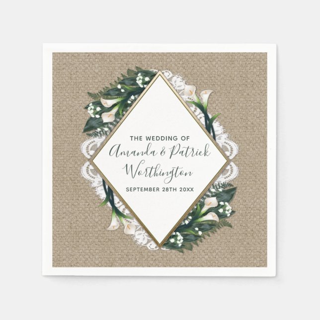 Calla Lily Country Burlap and Lace Wedding Napkins (Front)