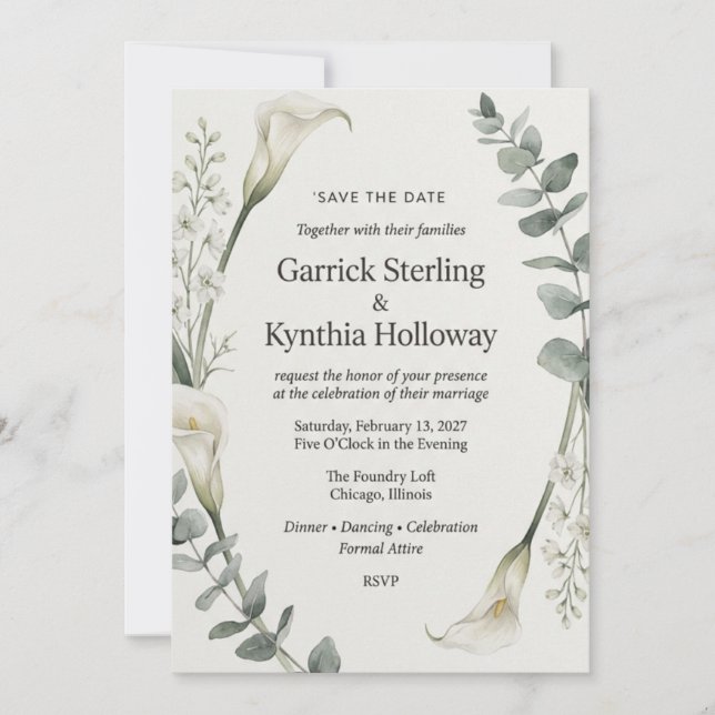Calla Lily & Eucalyptus Botanical Elegant Save  Invitation (Front)
