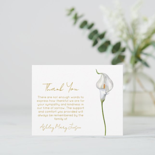 Calla Lily Funeral Thank You Card Bereavement  (Standing Front)